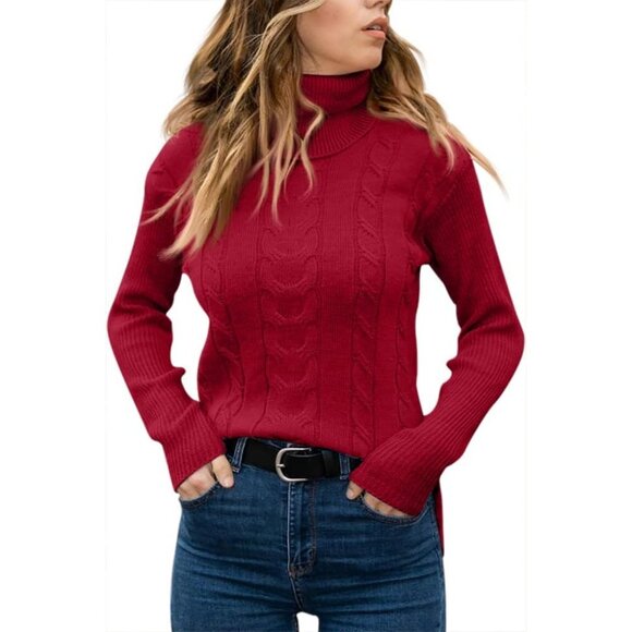 Womens Red Pull On Cable Knit Turtleneck Long Sleeve Casual Warm Sweaters - Picture 2 of 2